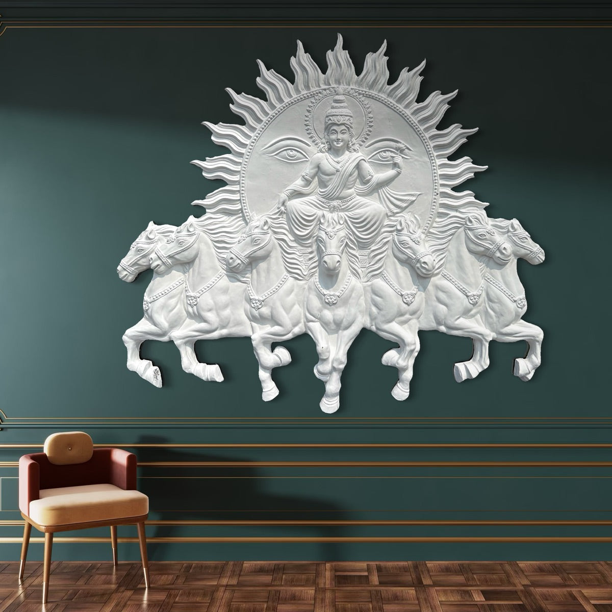 Full view of Lord Surya Narayana 3D wall art sculpture featuring a detailed handcrafted spiritual design.