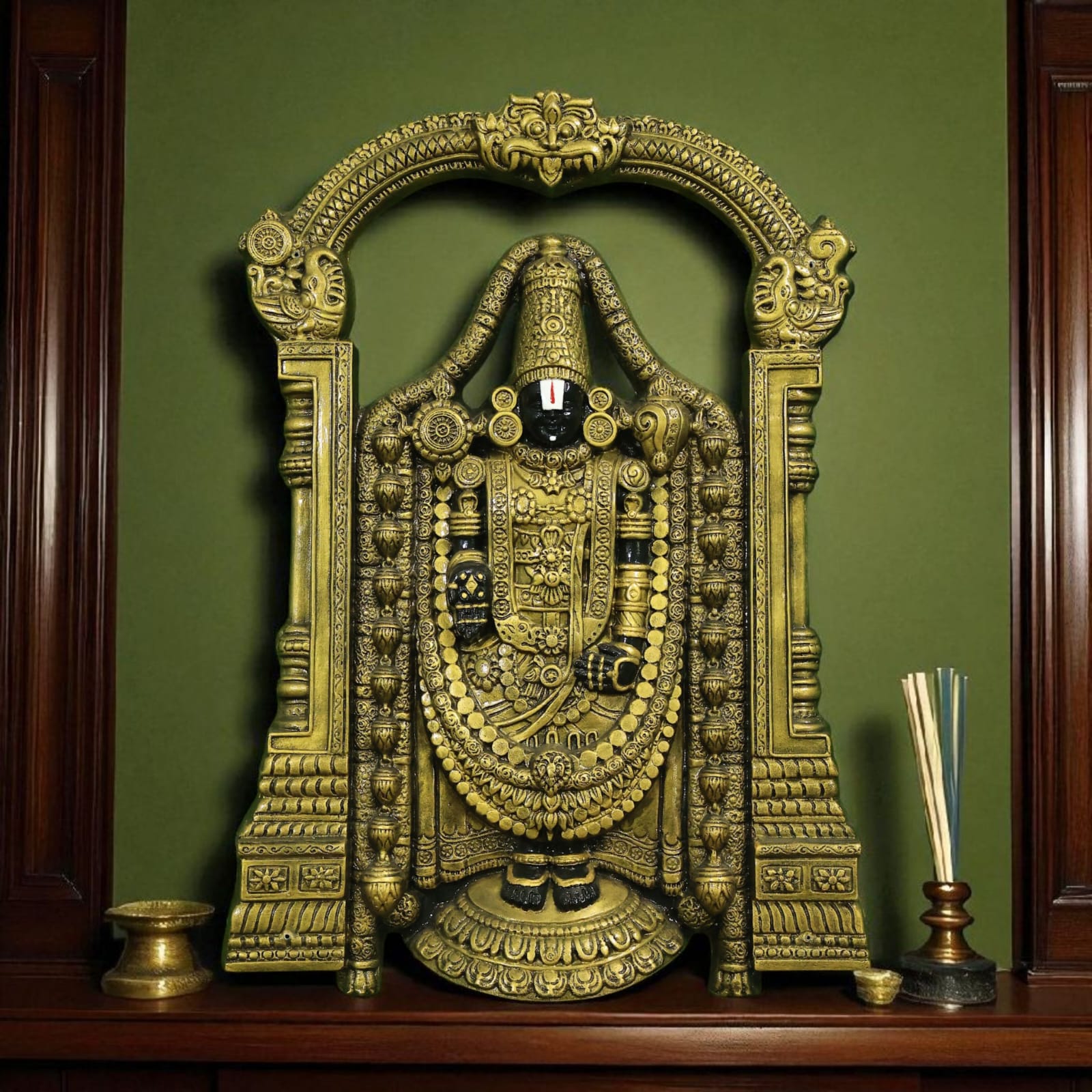 Lord Venkateshwara 3D relief mural with golden highlights capturing spiritual significance and fine craftsmanship.