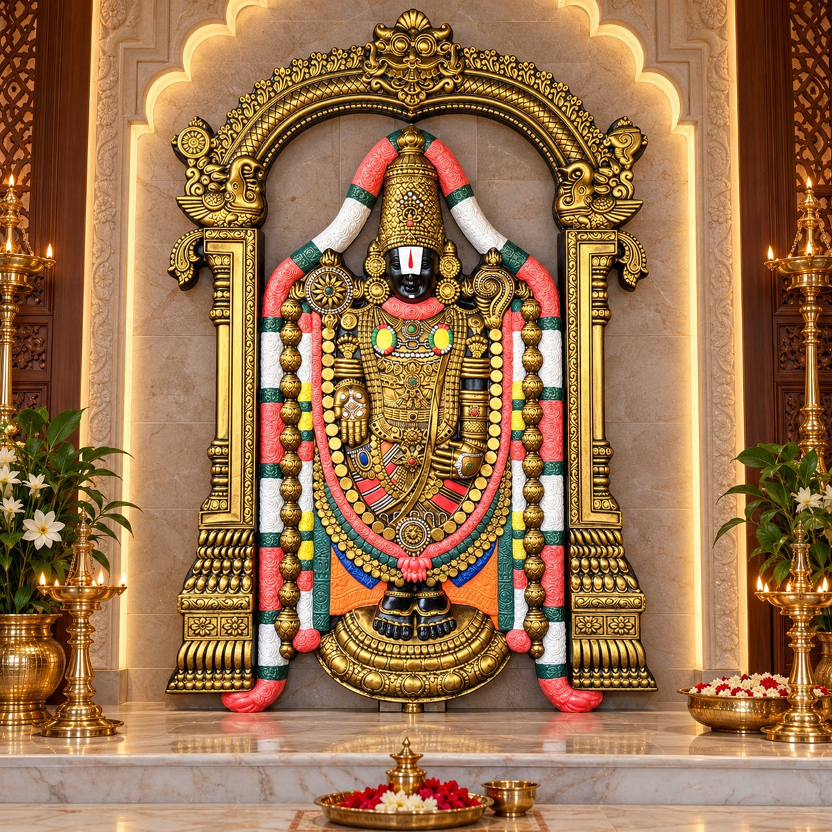 Lord Venkateshwara 3D relief wall art in 5.5x4 feet size, handcrafted divine sculpture ideal for pooja rooms, temples, and sacred home interiors in multicolour
