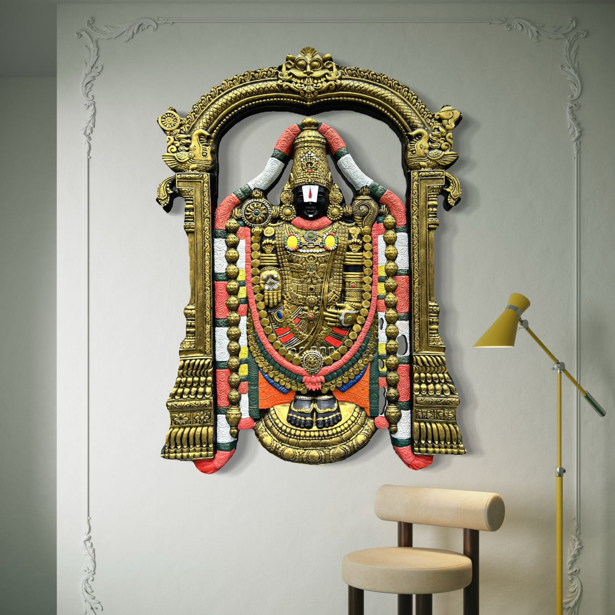 Lord Venkateshwara 3D relief wall art in 5.5x4 feet size, handcrafted divine sculpture ideal for pooja rooms, temples, and sacred home interiors in multicolour.