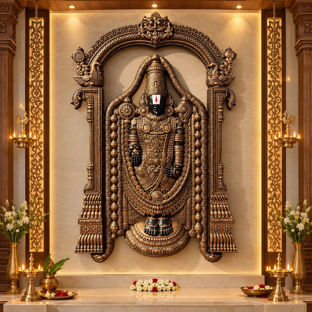 Lord Venkateshwara 3D relief wall art in 5.5x4 feet size bronze colour designed to bring divine grace to sacred spaces.