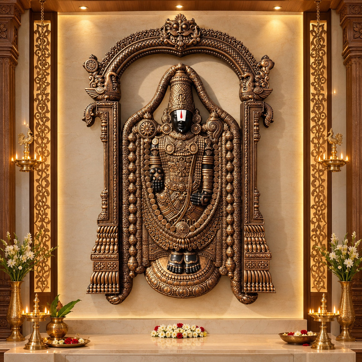 Lord Venkateshwara 3D relief wall art in 5.5x4 feet size bronze colour designed to bring divine grace to sacred spaces.