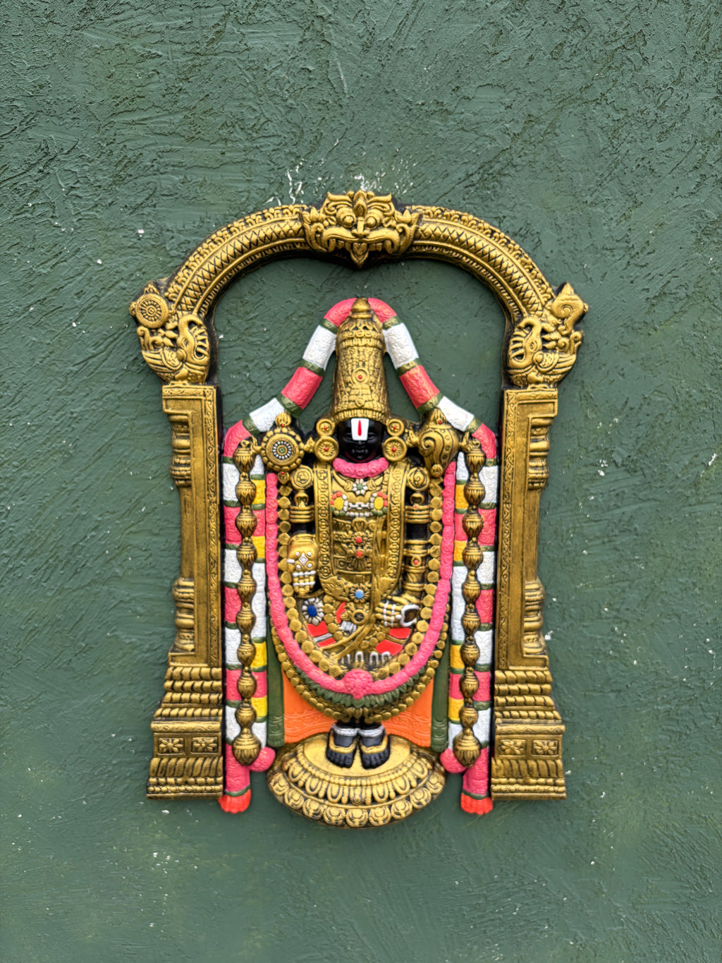 Close-up of Lord Venkateshwara 3D wall art highlighting intricate sculpted details and craftsmanship.