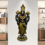 5x2 feet Lord Venkateshwara Balaji 3D relief wall mural in gold finish, handcrafted Hindu wall art symbolizing prosperity and divine blessings.