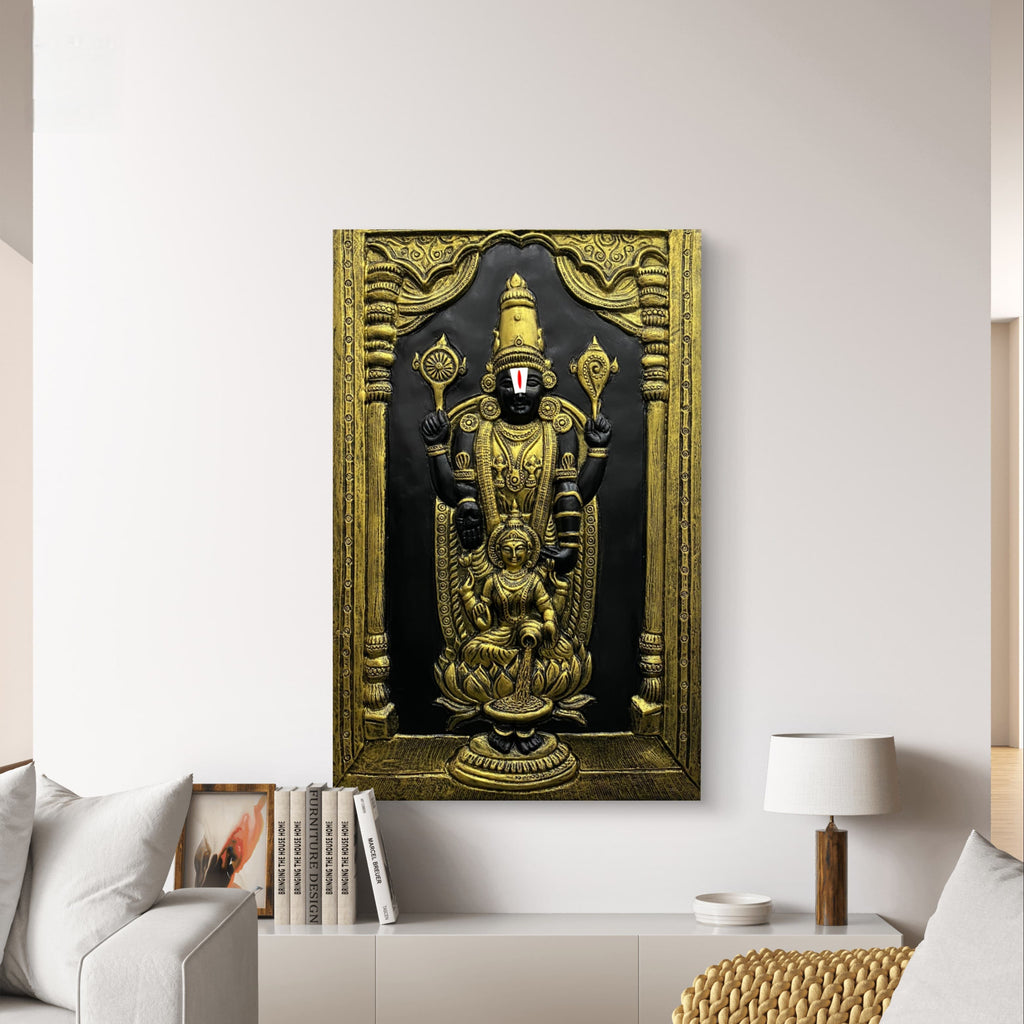 Gold finish 3x2 feet Lord Venkateshwara and Goddess Lakshmi 3D wall art, handcrafted relief mural representing divine blessings and abundance.