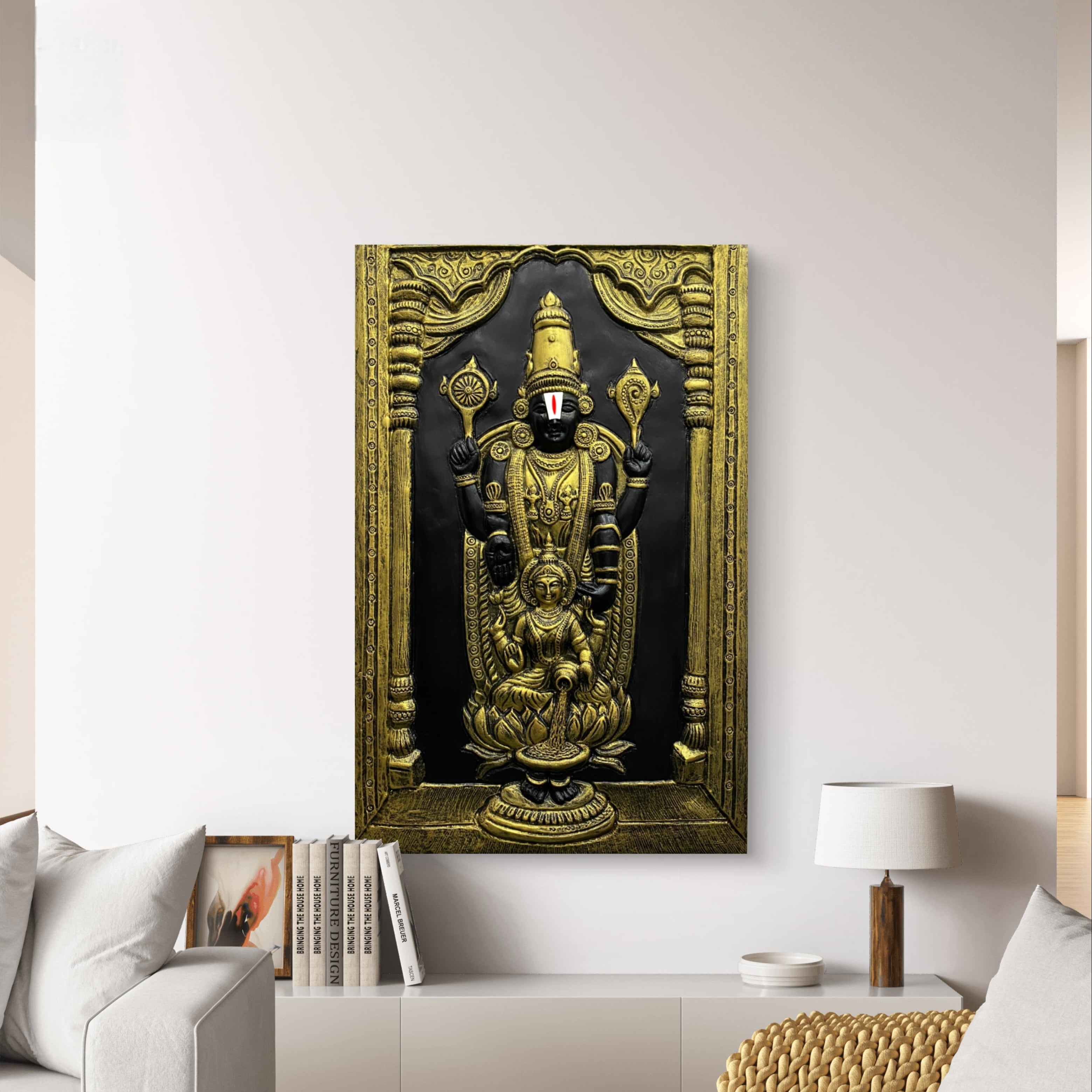 Gold finish 3x2 feet Lord Venkateshwara and Goddess Lakshmi 3D wall art, handcrafted relief mural representing divine blessings and abundance.