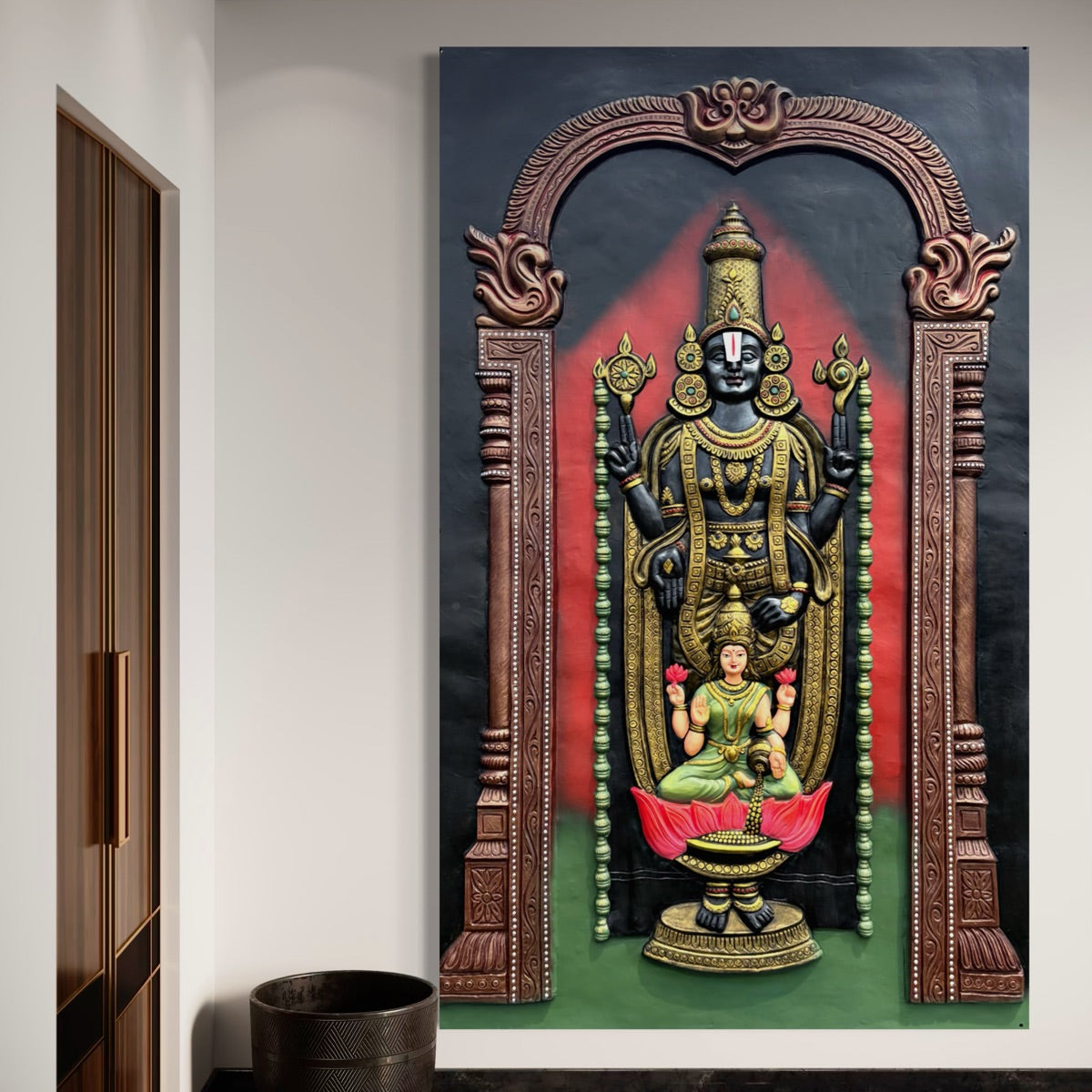 Detailed texture of Lord Venkateshwara wall sculpture showing layered relief work and fine detailing.