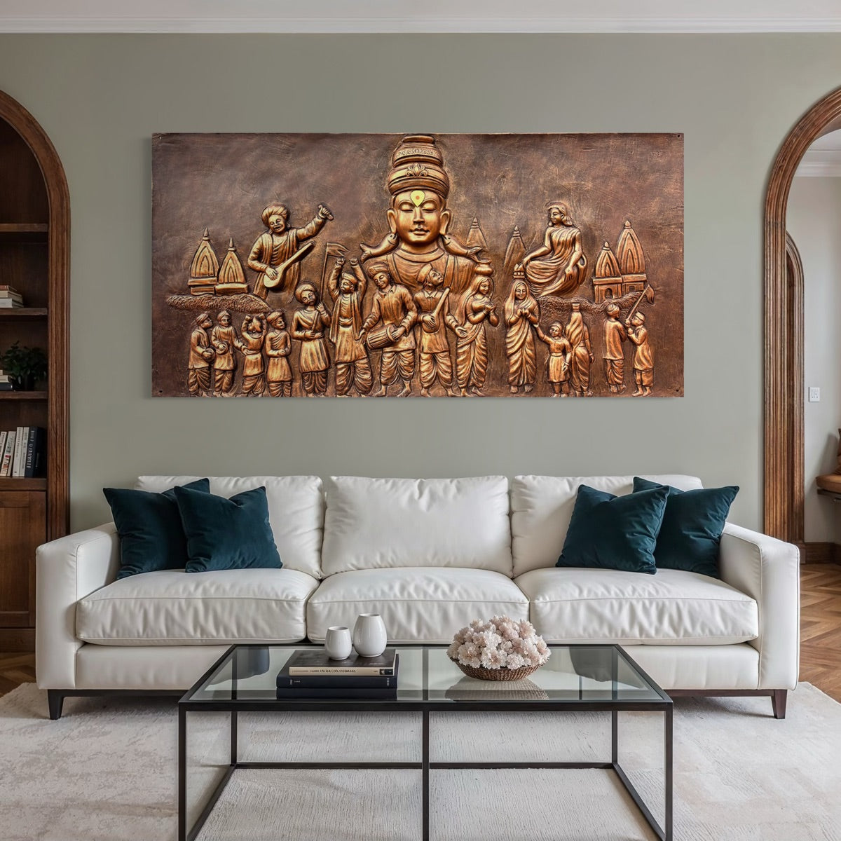 Close-up of the Vitthal Darshan mural, featuring expressive depth and texture in high-relief style