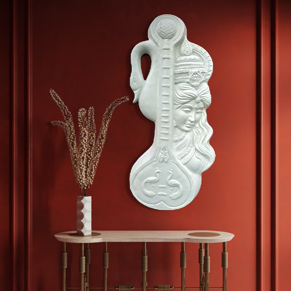 Close-up of Maa Saraswati 3D relief wall mural highlighting intricate sculpted details and graceful features.