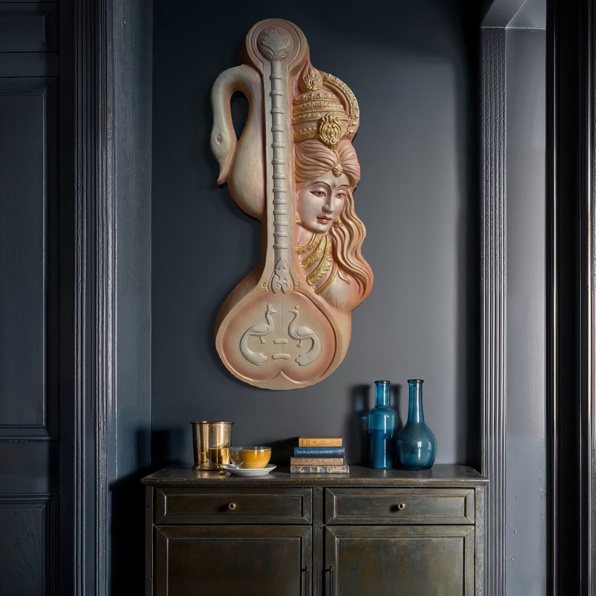 Full view of Maa Saraswati with swan and sitar 3D relief wall art designed as a handcrafted spiritual wall mural