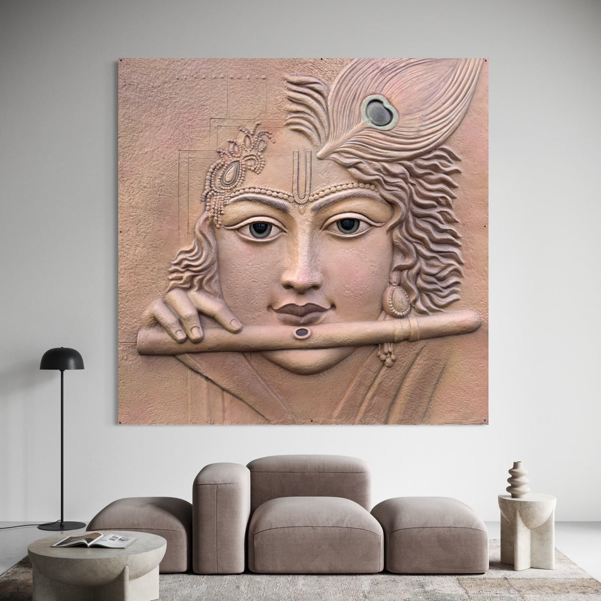 Close-up of Madhav The Divine Flute 3D relief wall art highlighting detailed sculpting and craftsmanship.