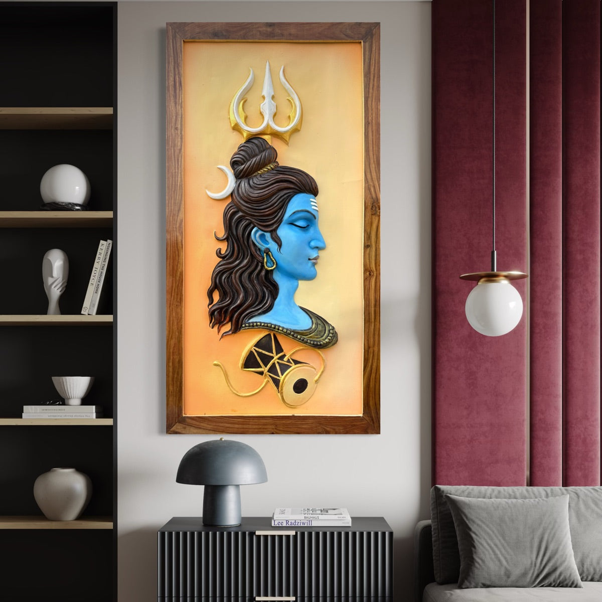 Close-up of abstract Lord Shiva Mahakaal 3D relief wall art highlighting intense expression and detailing