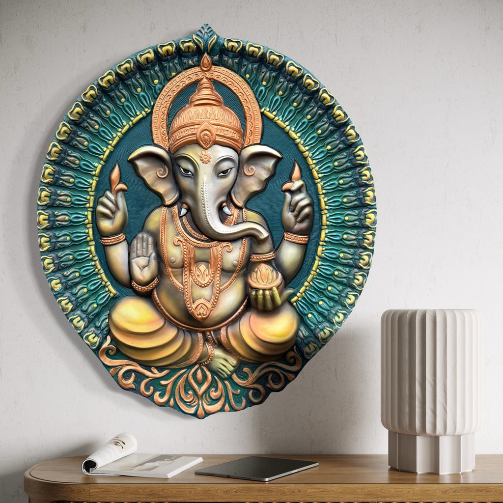 handcrafted circular 3d wall mural of ganesha in multicolour finish for elegant home decor