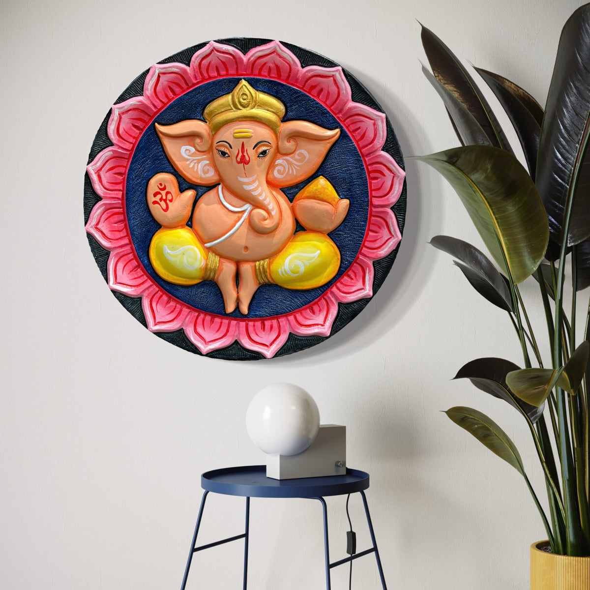 multicolour finish ganesha 3d wall mural circular design 21x21 inch handcrafted relief sculpture for interiors