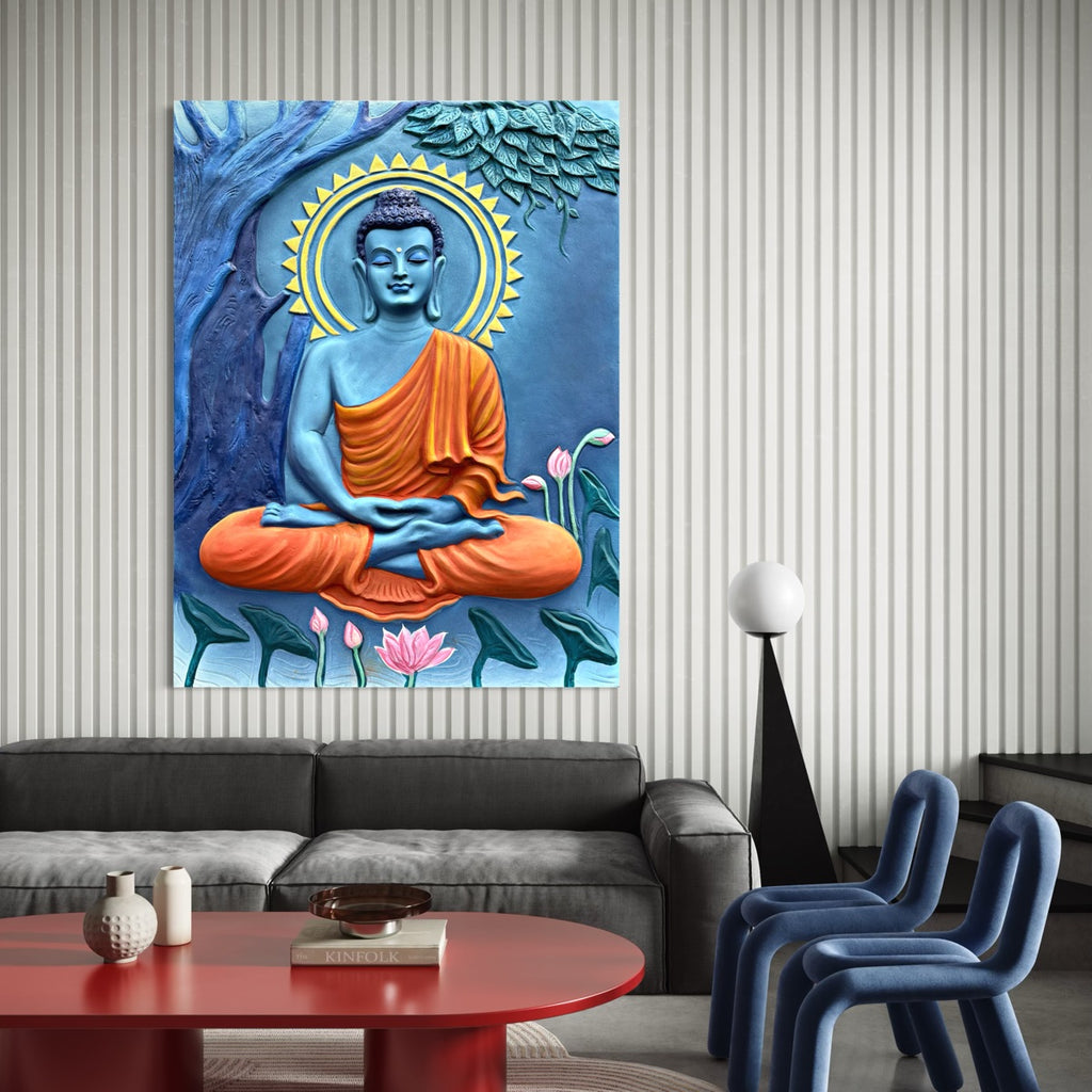 multicolour unframed 4x3 feet Buddha under the Bodhi tree 3D relief mural for enlightenment.