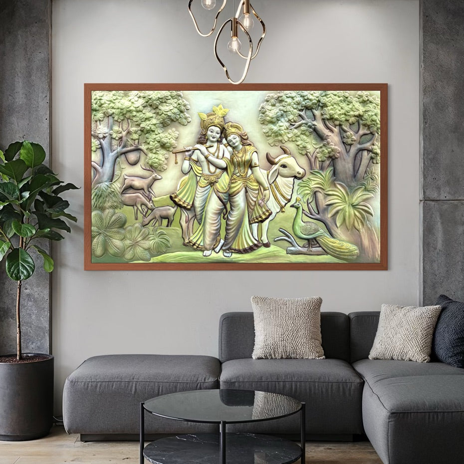 Framed Radha Krishna mural in multicoloured, transforming the space into a sanctuary of peace.