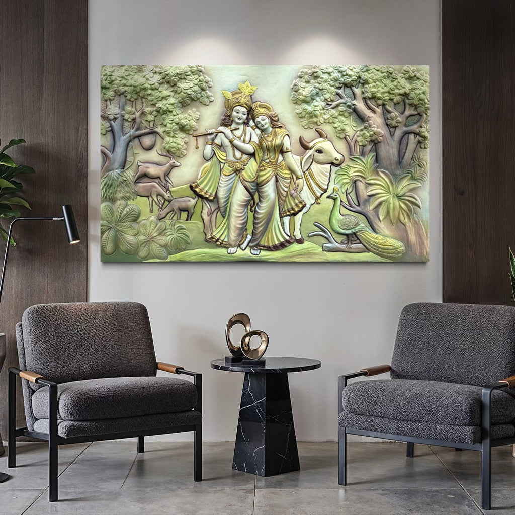 unframed Radha Krishna mural in multicoloured, transforming the space into a sanctuary of peace.
