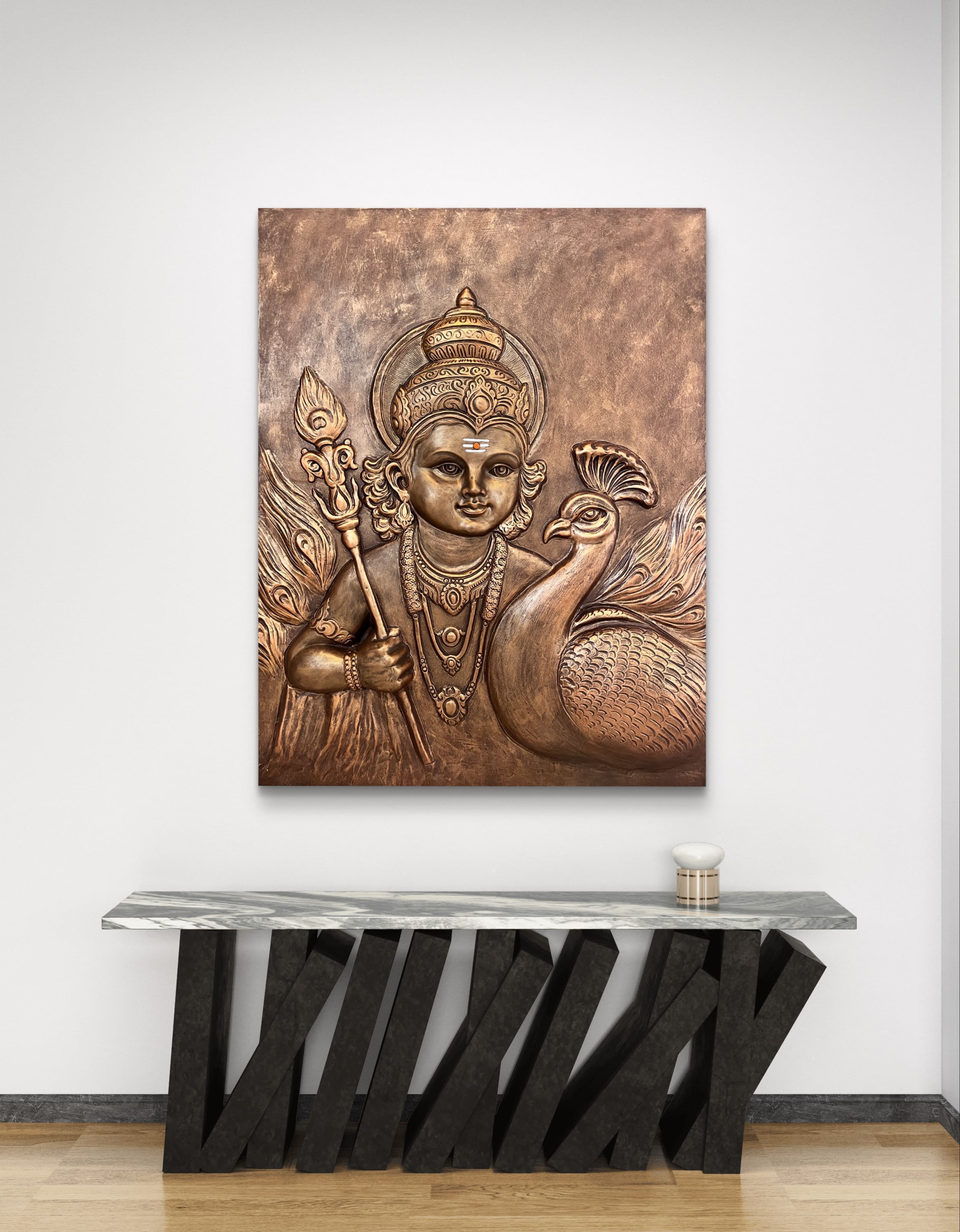 Spiritual Murugan Peacock mural, a stunning fusion of energy and craft for a home entrance.