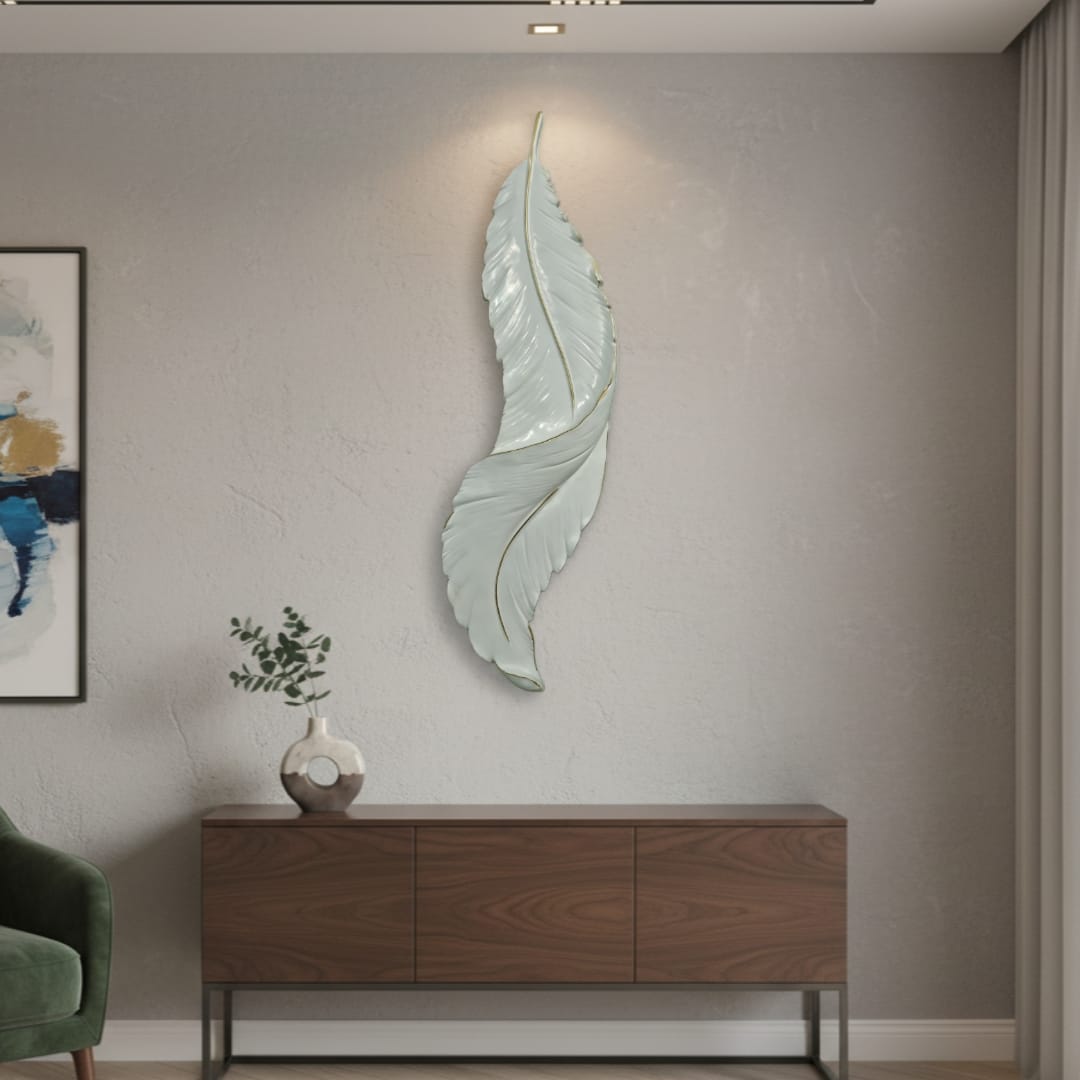 Nature-inspired feather wall panel with modern artistic flair and glowing LED feature