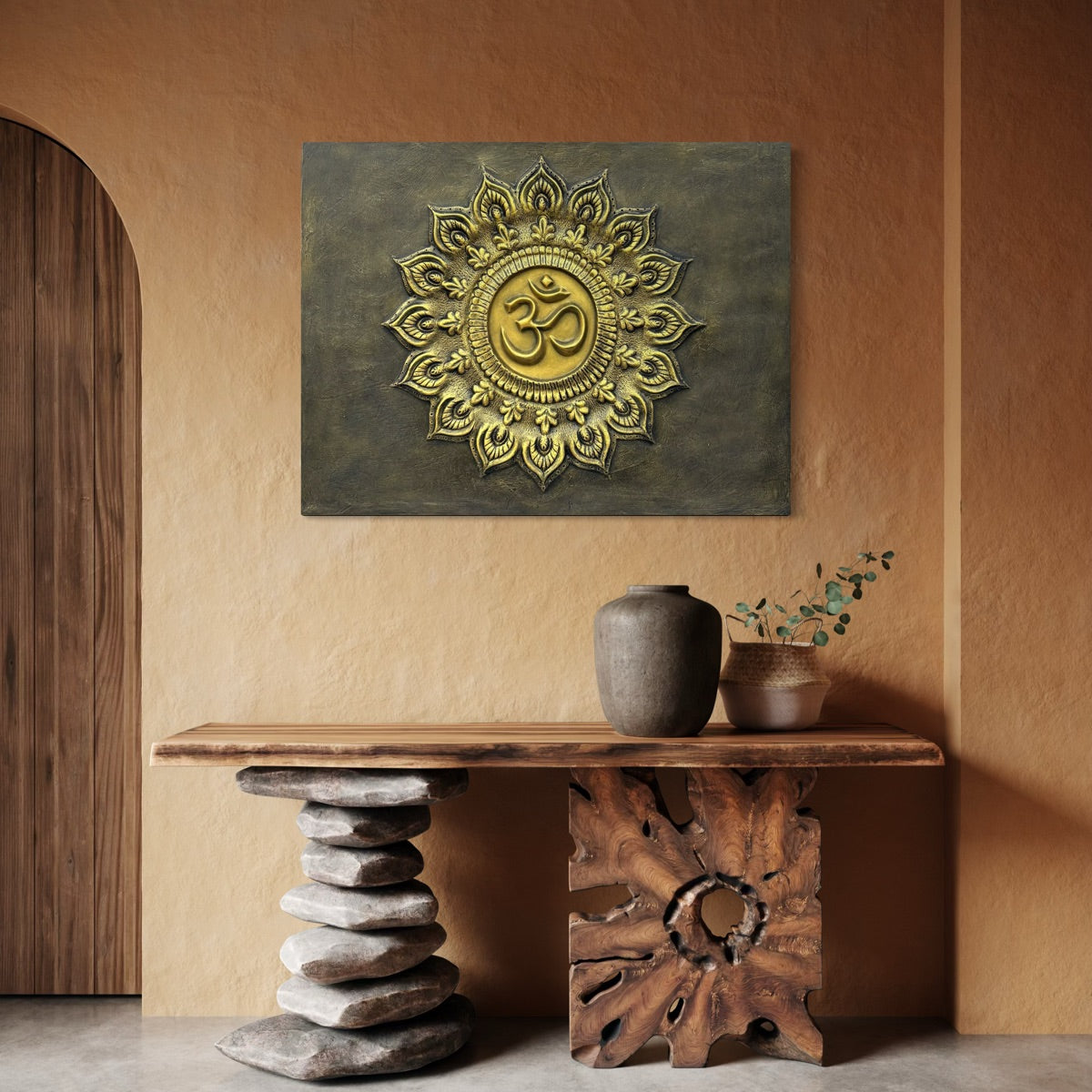 Om 3D relief mural wall art in 40x30 inches size, handcrafted spiritual wall decor for meditation or pooja room in golden colour.