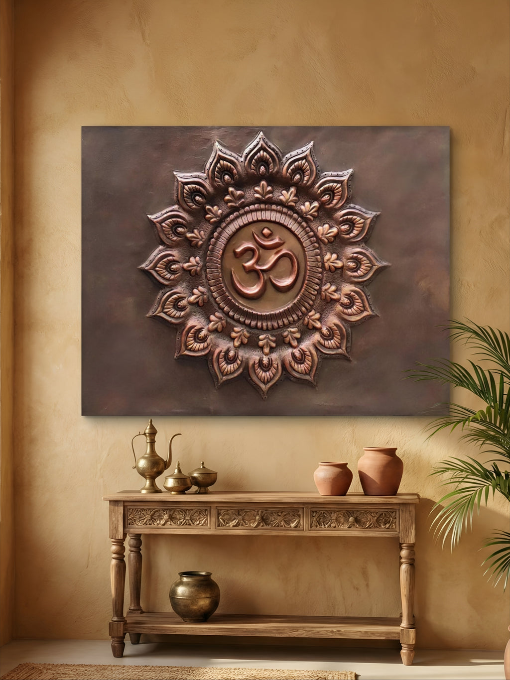 Om 3D relief mural wall art in 40x30 inches size, handcrafted spiritual wall decor for meditation or pooja room