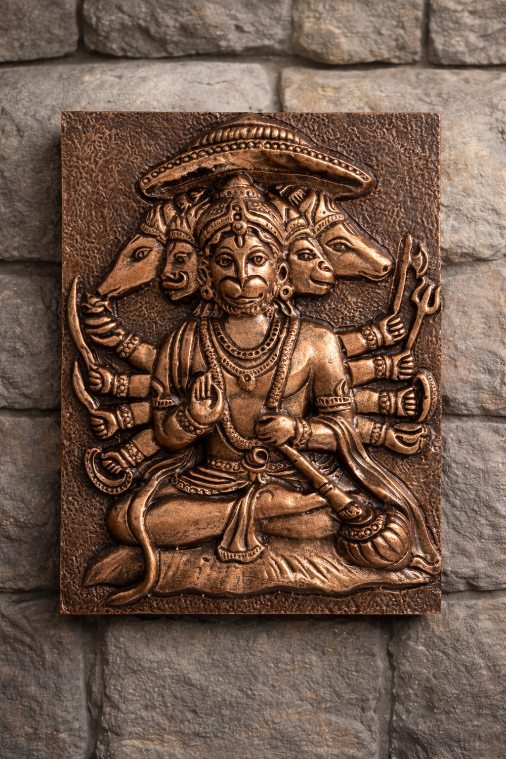 Panchmukhi Hanuman 3D relief mural wall art in 12x9 inches size, handcrafted spiritual decor for pooja room or home temple