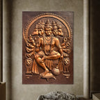 Panchmukhi Hanuman 3D relief mural wall art, handcrafted 6x4 feet sculpture showcasing five-faced Lord Hanuman for spiritual home decor in bronze colour