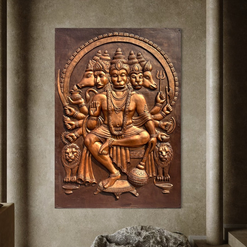 Panchmukhi Hanuman 3D relief mural wall art, handcrafted 6x4 feet sculpture showcasing five-faced Lord Hanuman for spiritual home decor in bronze colour