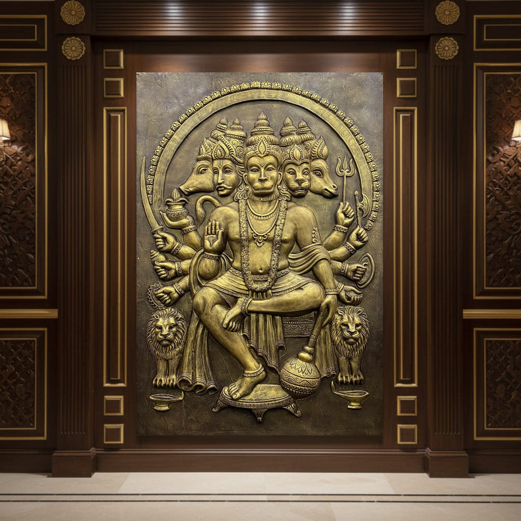 Panchmukhi Hanuman 3D relief mural wall art, handcrafted 6x4 feet sculpture showcasing five-faced Lord Hanuman for spiritual home decor
