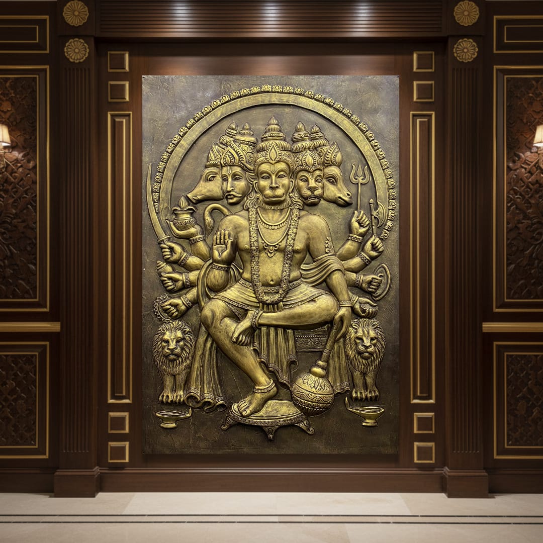 Panchmukhi Hanuman 3D relief mural wall art, handcrafted 6x4 feet sculpture showcasing five-faced Lord Hanuman for spiritual home decor