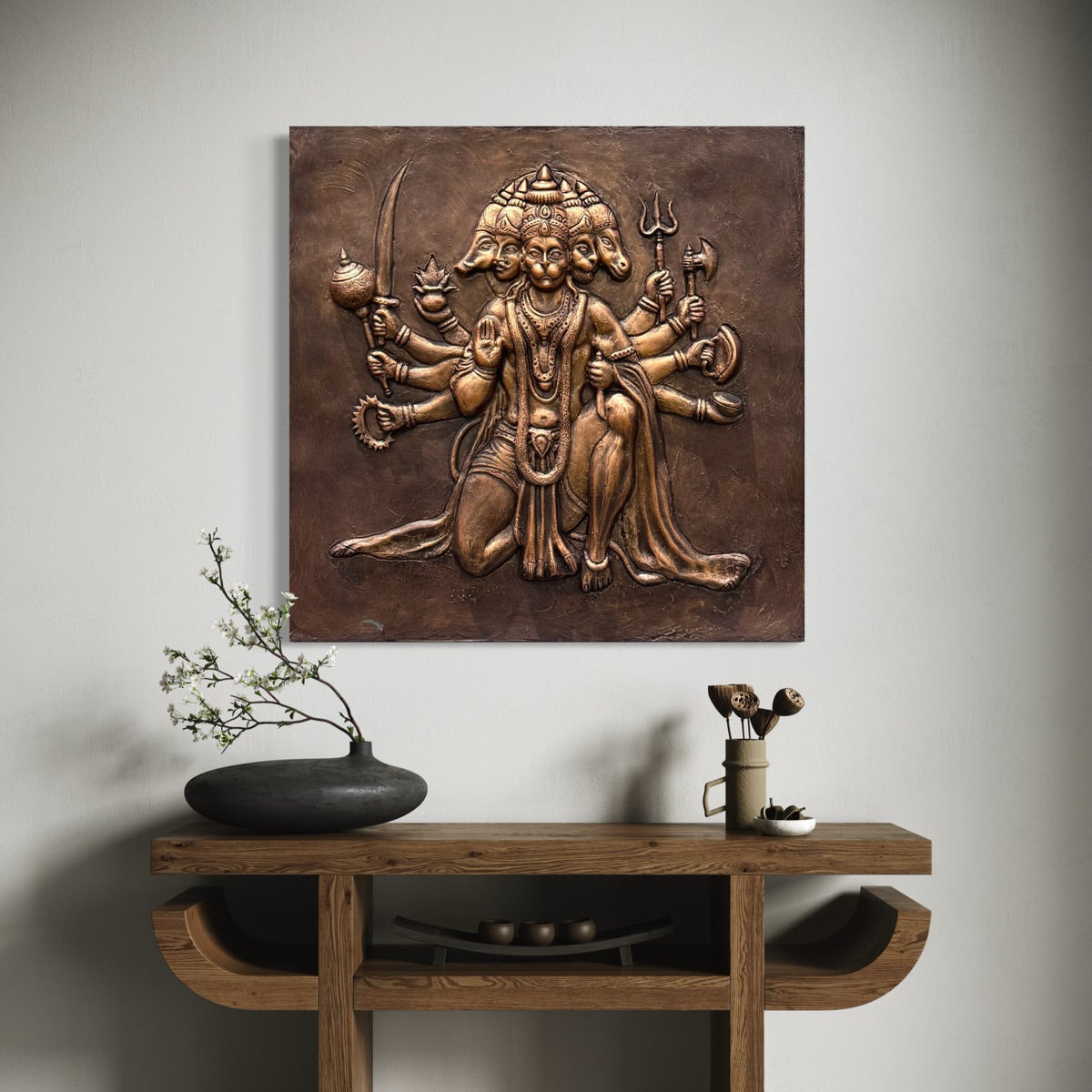 Close-up of Panchmukhi Hanuman 3D relief wall art highlighting intricate sculpted details.