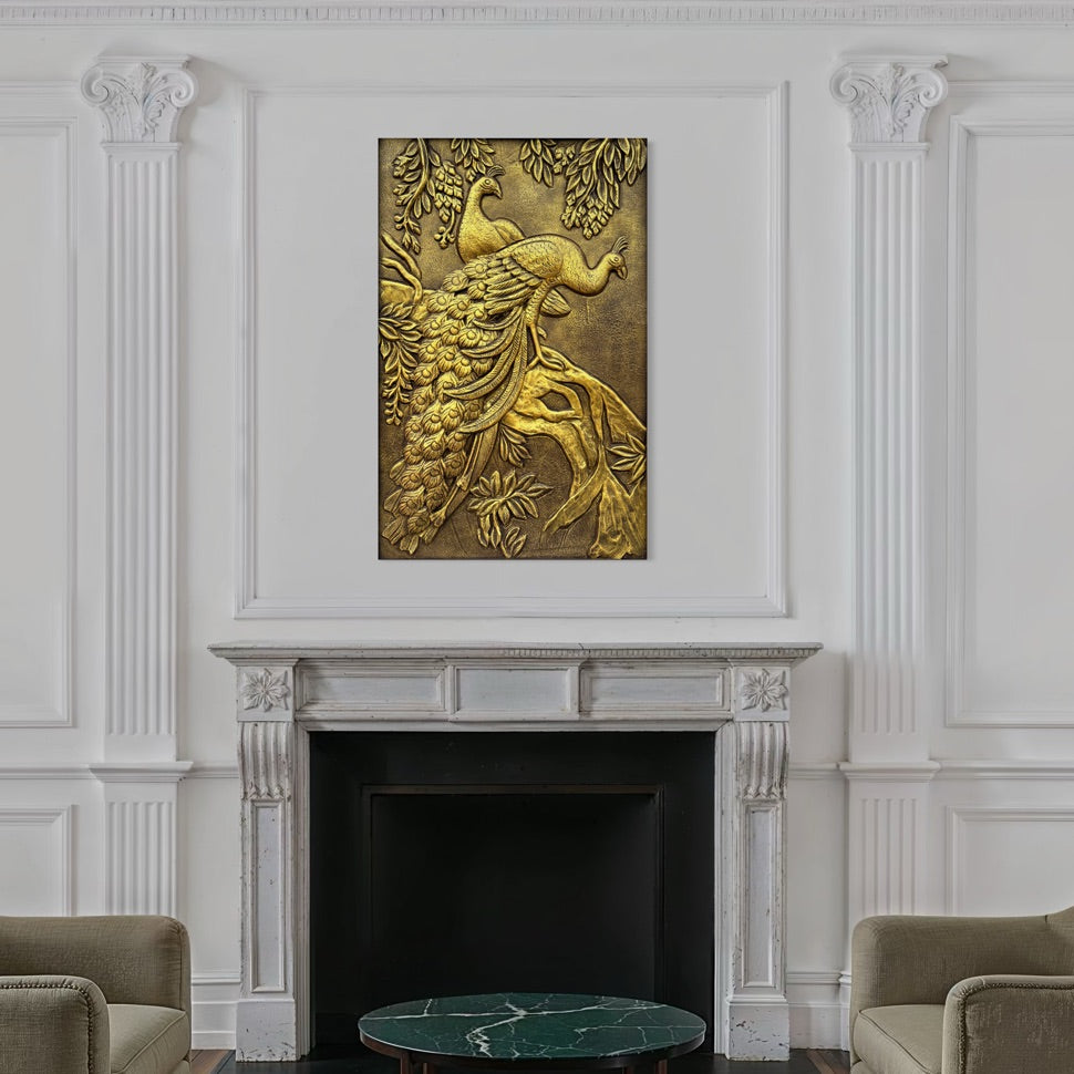 Full view of peacock 3D relief mural wall art designed for decorative interior spaces