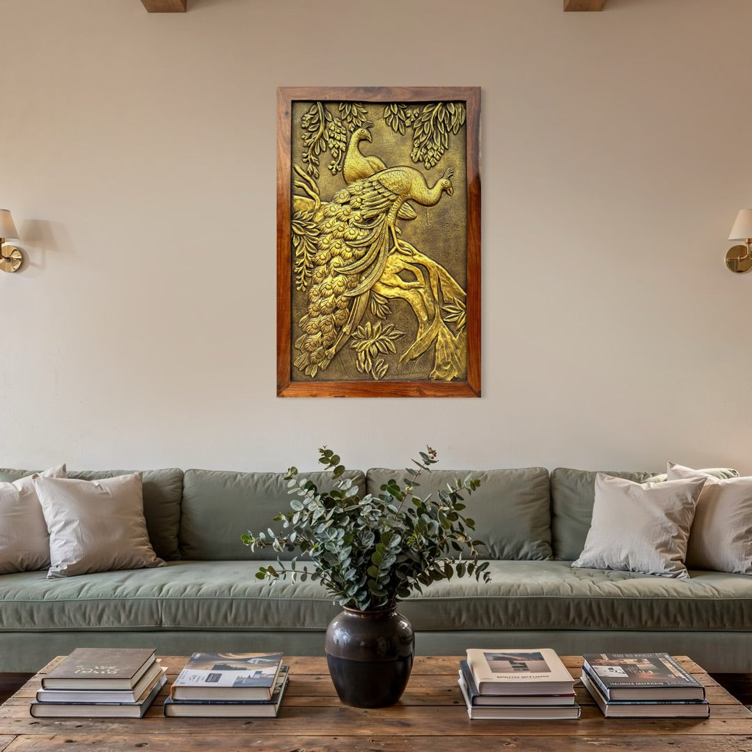 Close-up of peacock 3D relief wall art highlighting feather detailing and texture