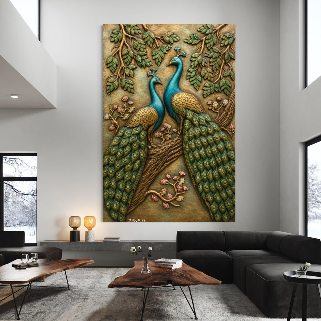 Full view of Peacock Duet 3D relief wall art featuring two elegant peacocks in a handcrafted decorative design.