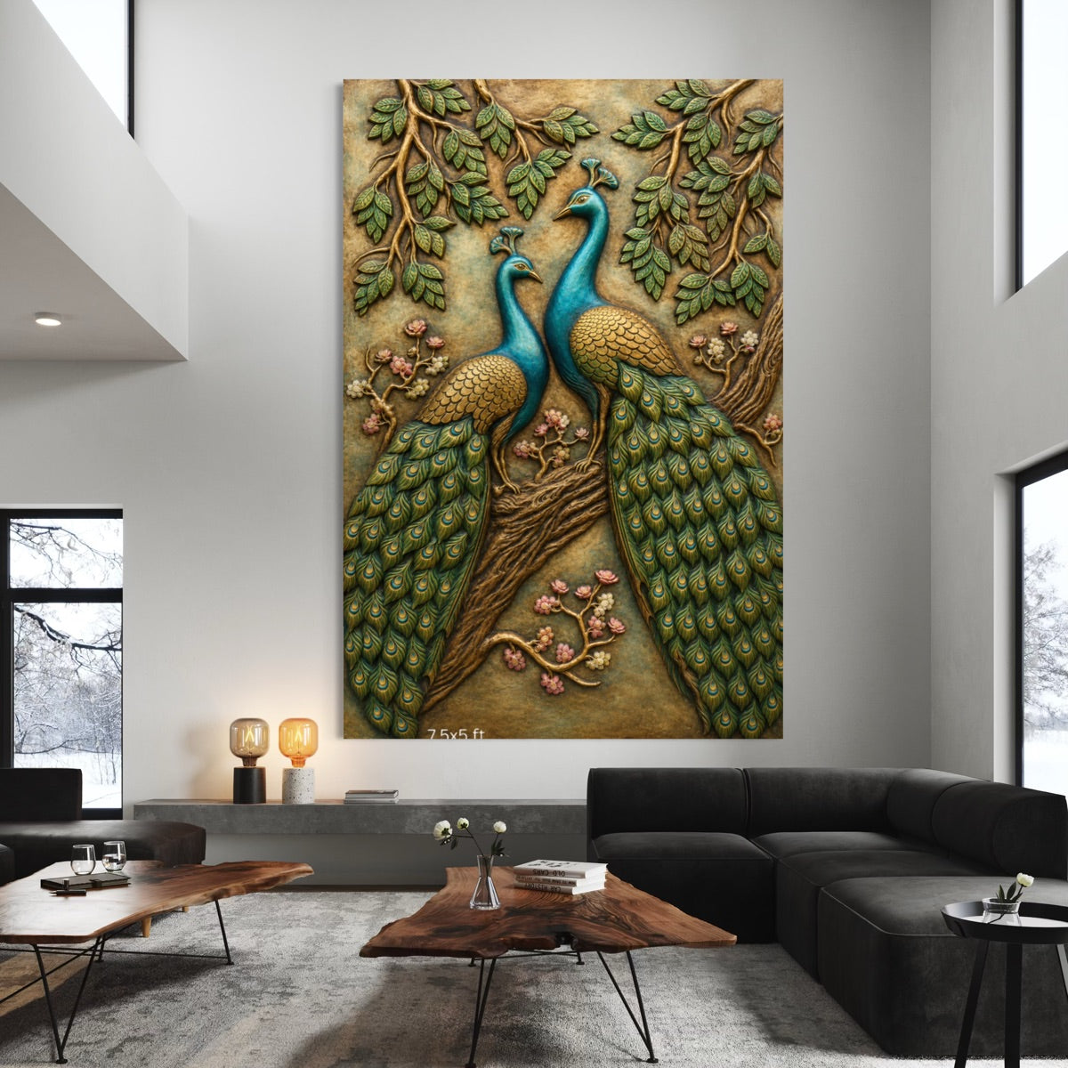 Full view of Peacock Duet 3D relief wall art featuring two elegant peacocks in a handcrafted decorative design.