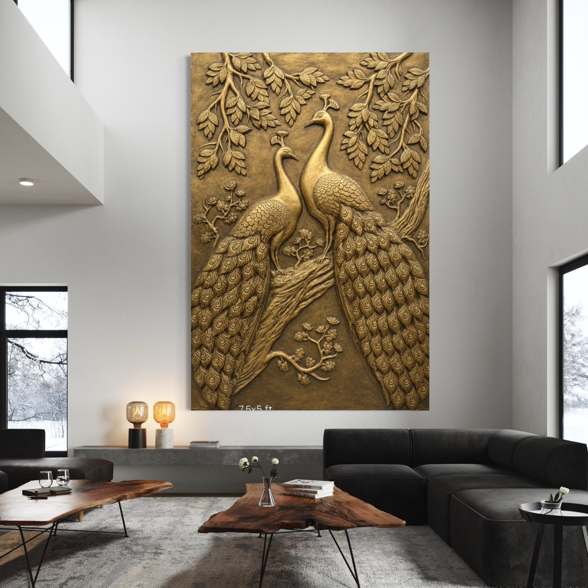 Close-up of Peacock Duet 3D relief wall art highlighting intricate feather detailing and sculpted craftsmanship.