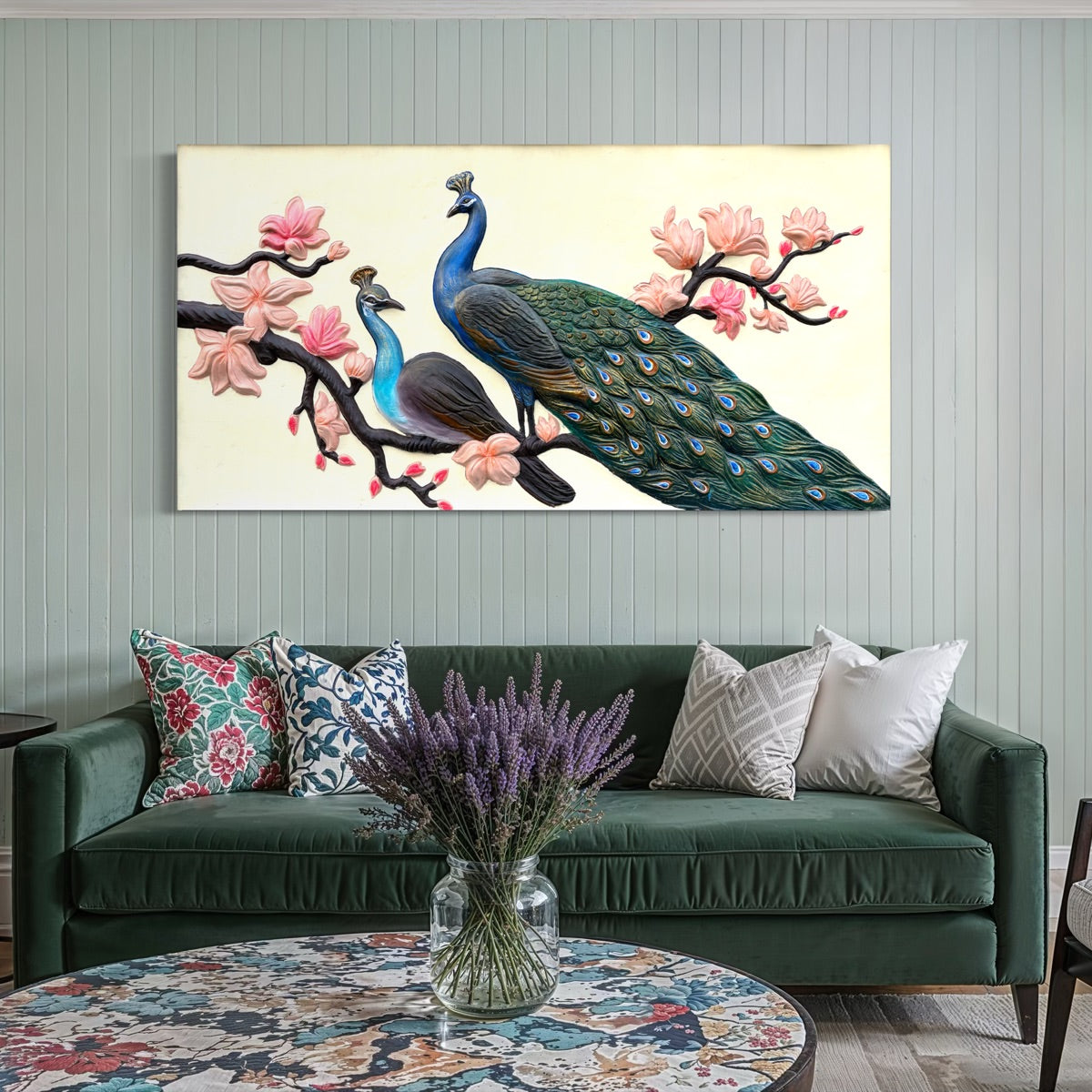 Peacock with floral tree 3D relief mural wall art in 6x3 feet size unframed, handcrafted decorative sculpture for luxury home and wall elevation design