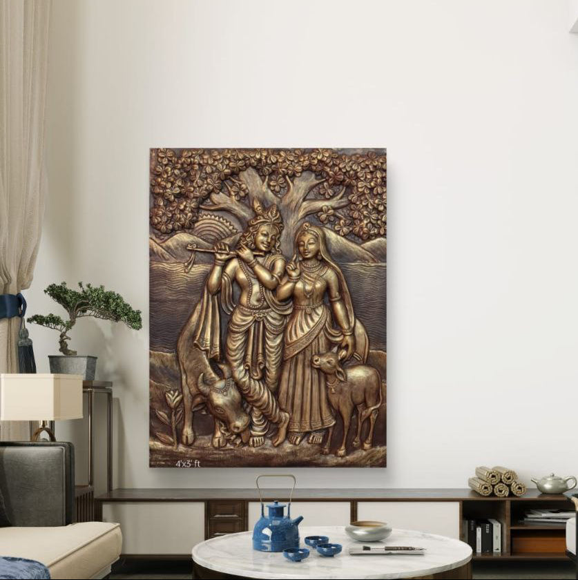 4x3 Feet Radha Krishna 3D Elevation Sculpture | Relief Mural Wall Art