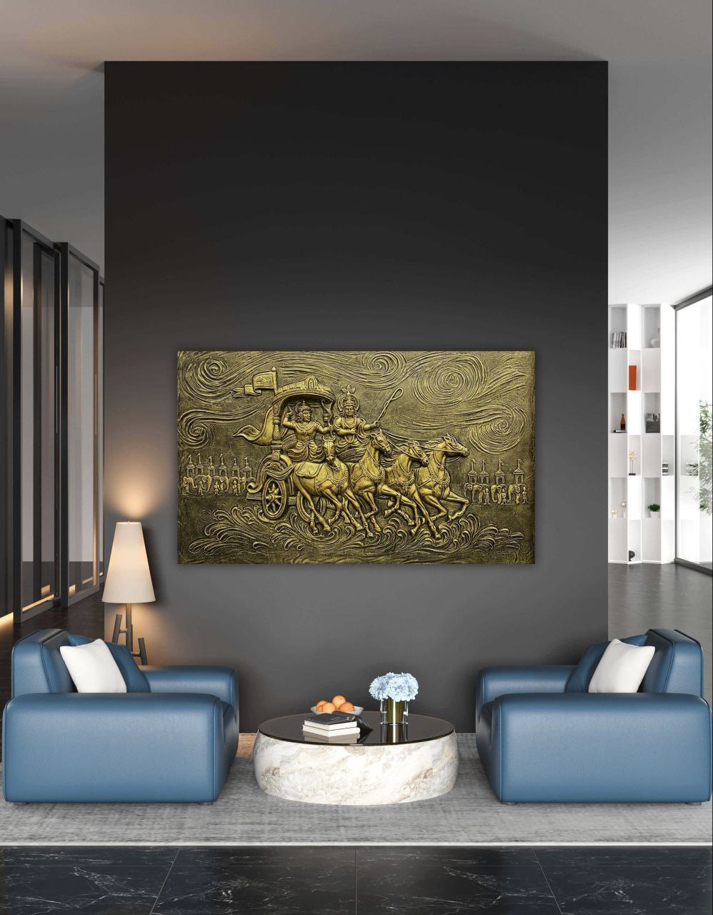 5x3 Feet Lord Krishna & Arjuna Rath – Mahabharat 3D Relief Mural
