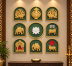 Traditional Indian wall motifs with prabhavali featuring detailed ornamental designs in olive green.