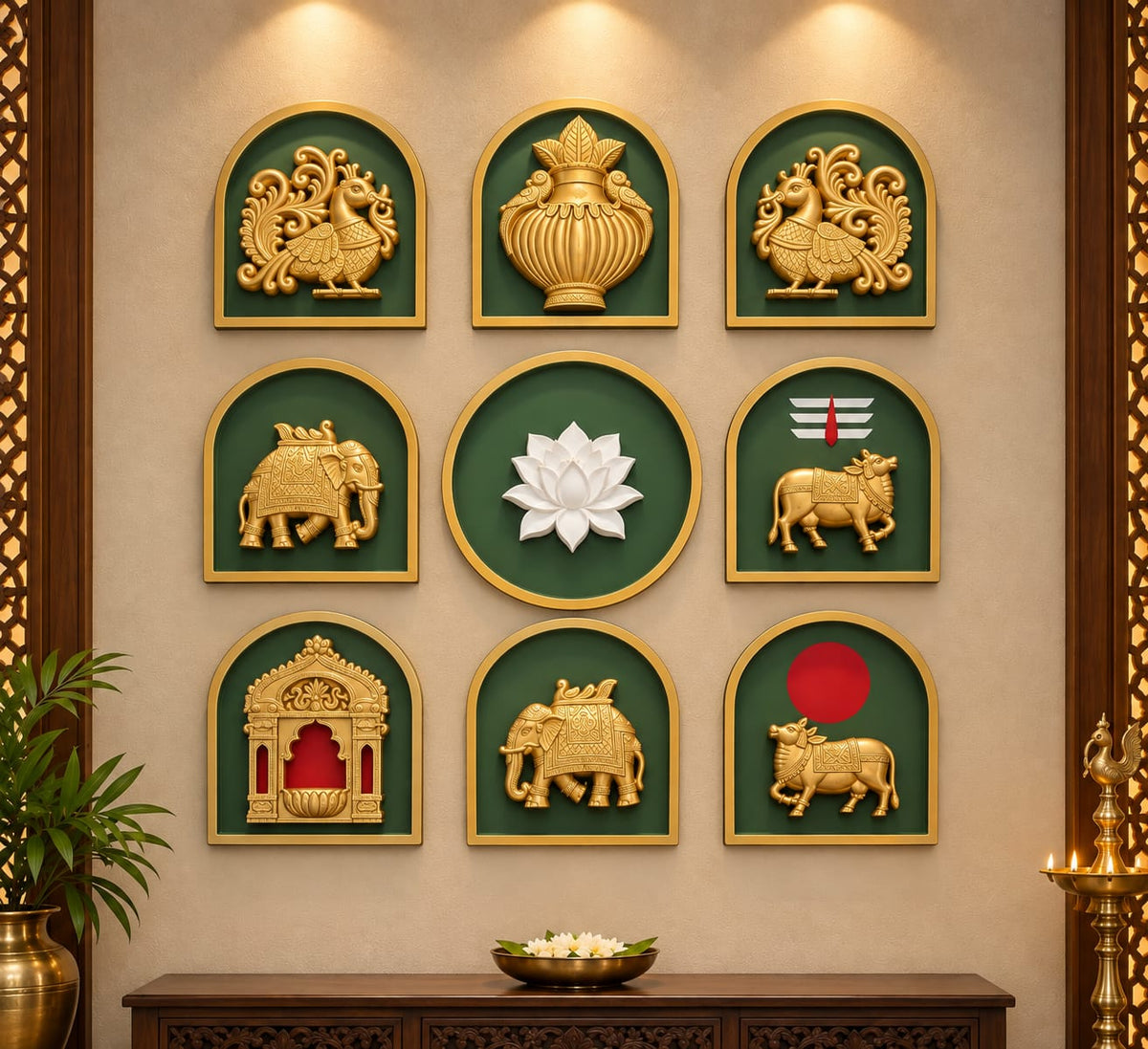 Traditional Indian wall motifs with prabhavali featuring detailed ornamental designs in olive green.