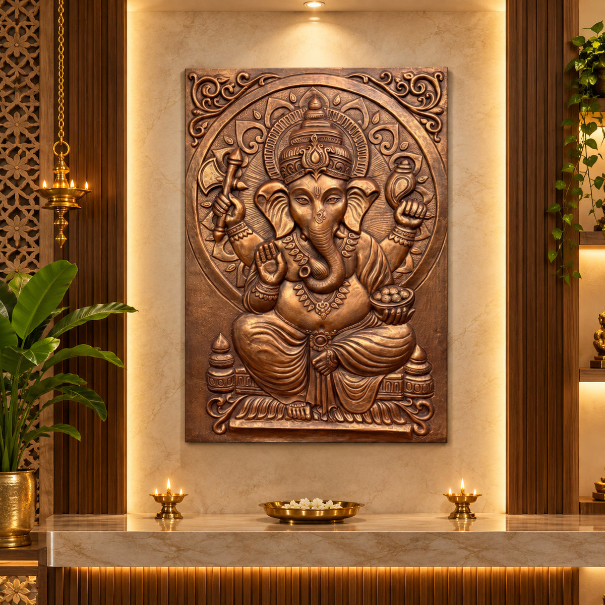 Lord Ganesha 3D relief mural wall art in 3x2 feet size, handcrafted and ready to hang sculpture for elegant spiritual home decor in bronze colour