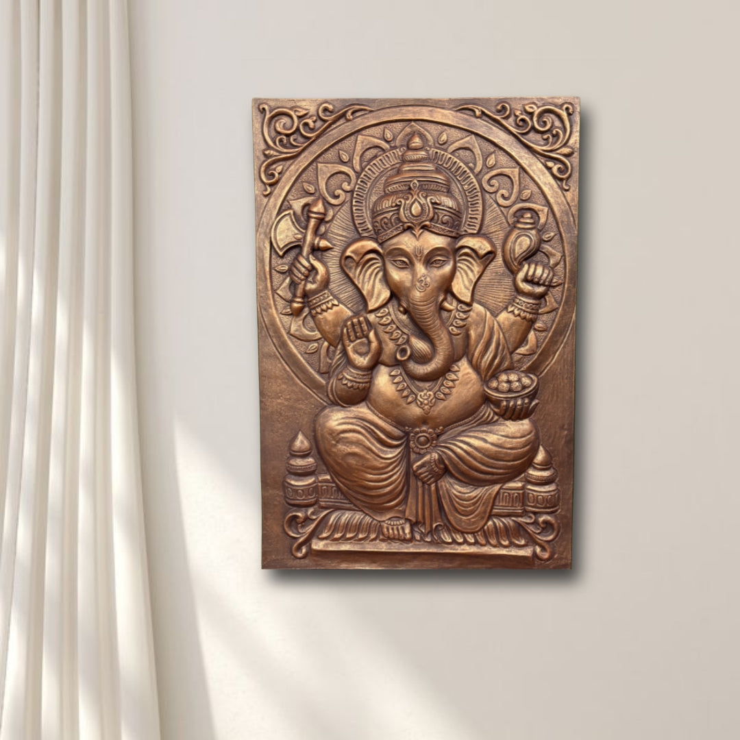 Lord Ganesha 3D relief mural wall art in 3x2 feet size, handcrafted and ready to hang sculpture for elegant spiritual home decor in bronze colour
