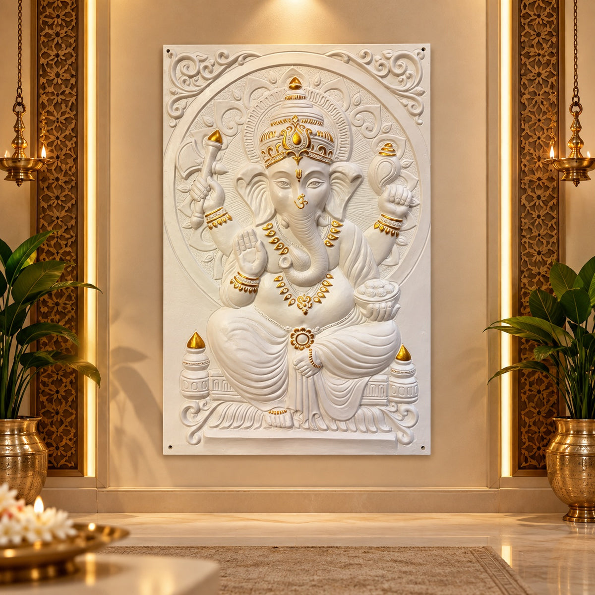 Lord Ganesha 3D relief mural wall art in 3x2 feet size, handcrafted and ready to hang sculpture for elegant spiritual home decor in white with golden highlights.