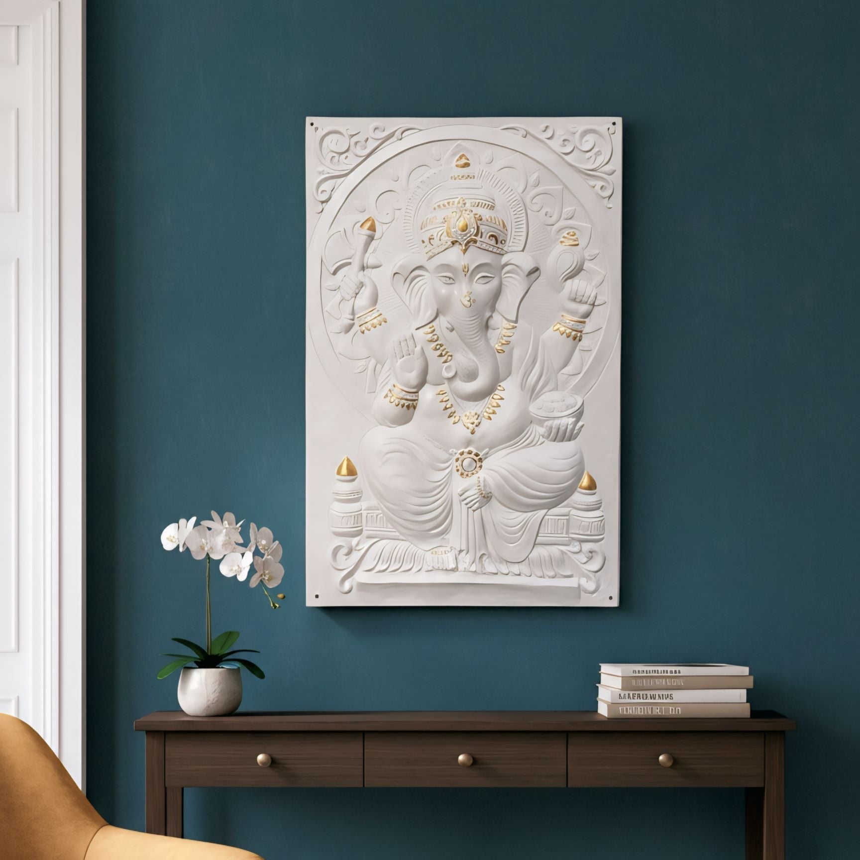 Lord Ganesha 3D relief mural wall art in 3x2 feet size, handcrafted and ready to hang sculpture for elegant spiritual home decor in white with golden highlights