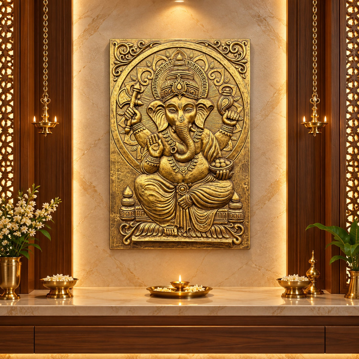 Premium Lord Ganesha 3D relief mural wall art in 3x2 feet size, handcrafted and ready to hang sculpture for elegant spiritual home decor.