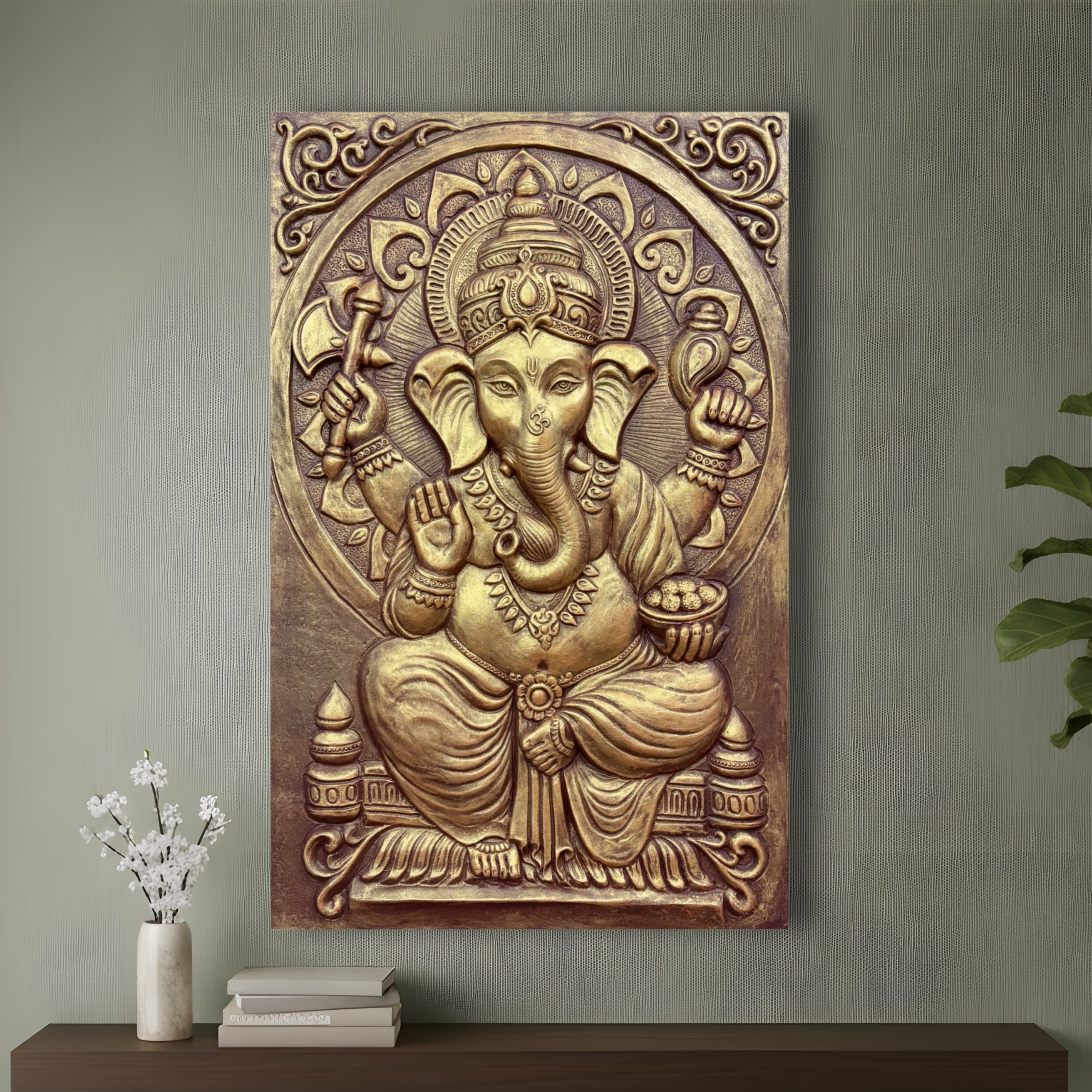 Premium Lord Ganesha 3D relief mural wall art in 3x2 feet size, handcrafted and ready to hang sculpture for elegant spiritual home decor