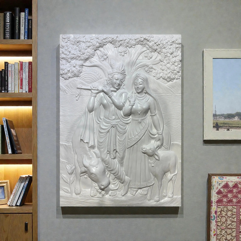 Radha Krishna 3D elevation relief mural wall art in 4x3 feet size, handcrafted spiritual sculpture for living room or pooja room decor