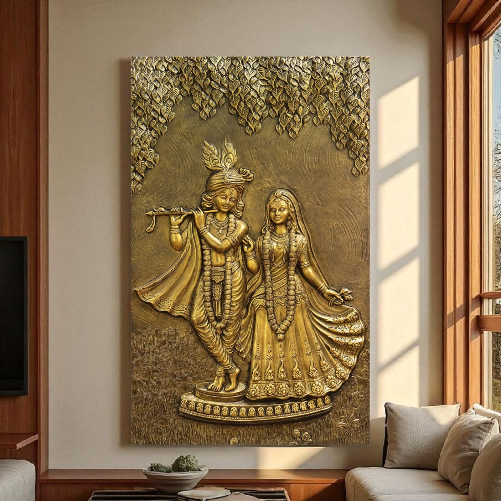 Majestic Radha Krishna 3D Relief Mural (5x3 feet), inspired by ISKCON temple aesthetics.