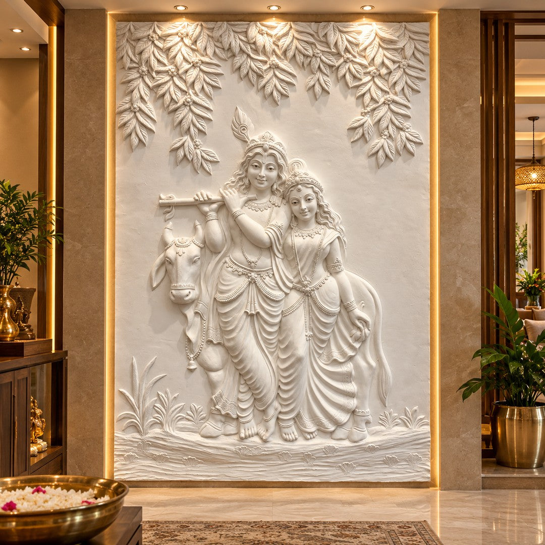 Full view of Radha Krishna 3D relief wall art designed as a handcrafted spiritual wall mural.